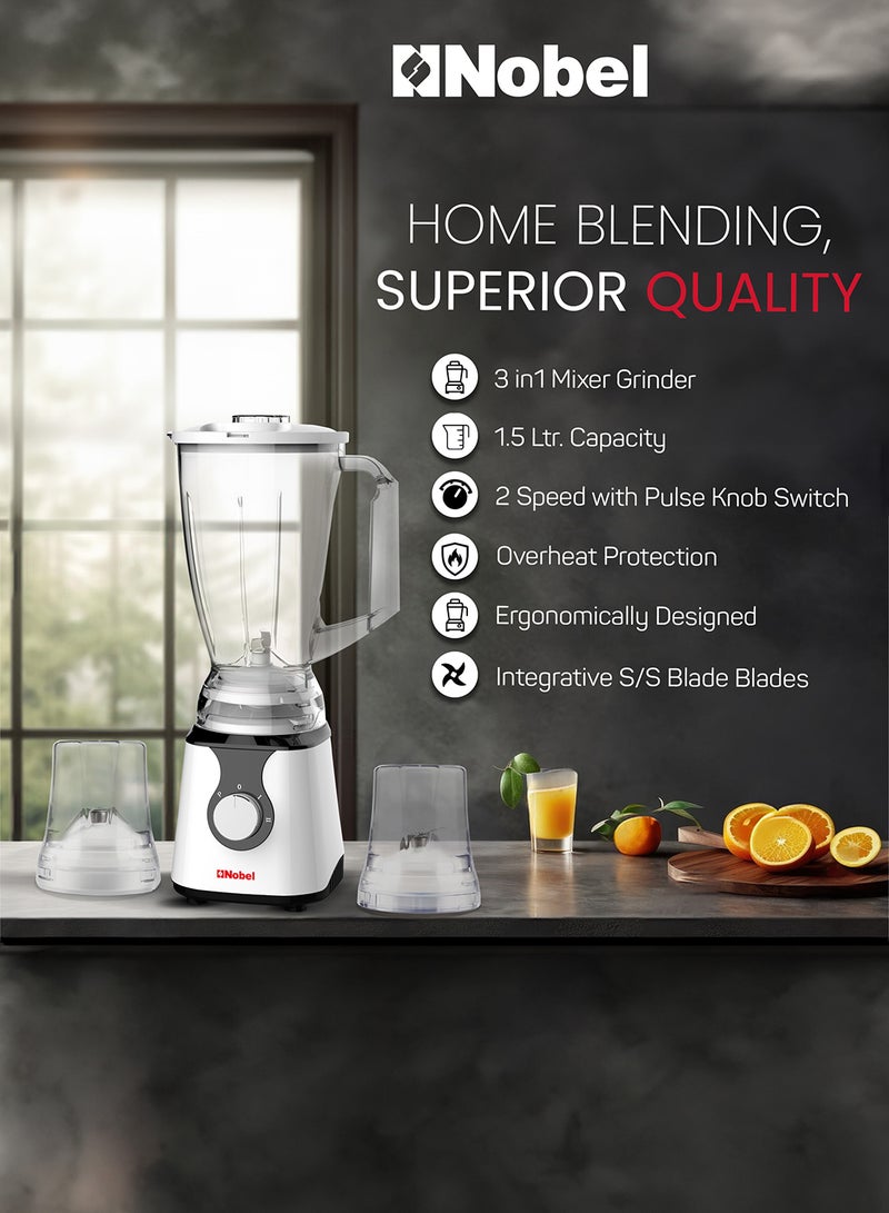 Nobel - 3 in 1 Blender Table Top 1.5 Litres Jar 300W 2 Speed with Pulse Knob, Chopper & Grinder Jar 1.5 L 300 W NB303E Silver & Black - Image 1