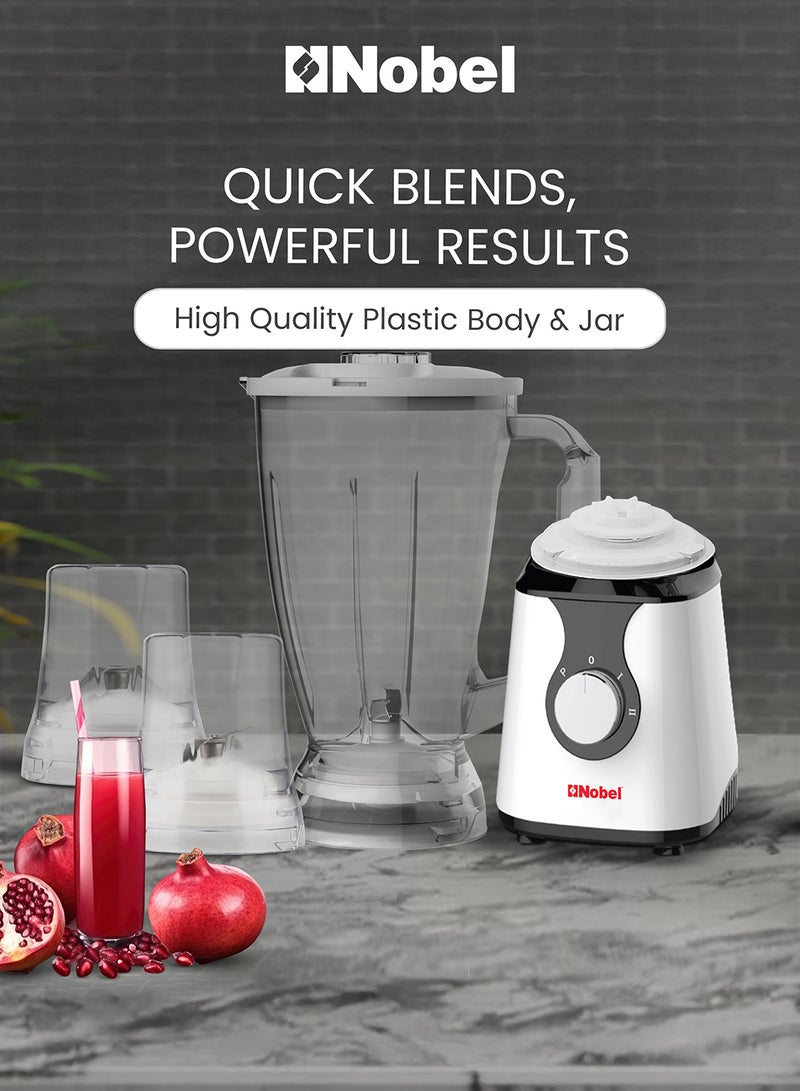 Nobel - 3 in 1 Blender Table Top 1.5 Litres Jar 300W 2 Speed with Pulse Knob, Chopper & Grinder Jar 1.5 L 300 W NB303E Silver & Black - Image 1
