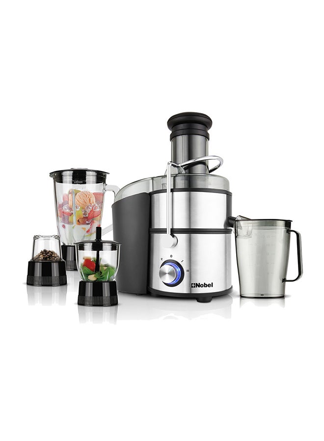 Nobel - Powerful 800W Stainless Steel Juicer with 2L Pulp Container, 1.1L Juice Cup, Wide 75mm Feeding Tube, Safety Lock, Overheat Protection, Anti-Slip Feet, and Blue LED Light 2 L 800 W NJE404E White/Black/Clear - Image 1
