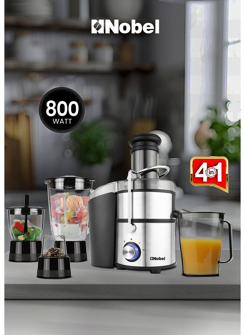 Nobel - Powerful 800W Stainless Steel Juicer with 2L Pulp Container, 1.1L Juice Cup, Wide 75mm Feeding Tube, Safety Lock, Overheat Protection, Anti-Slip Feet, and Blue LED Light 2 L 800 W NJE404E White/Black/Clear - Image 1