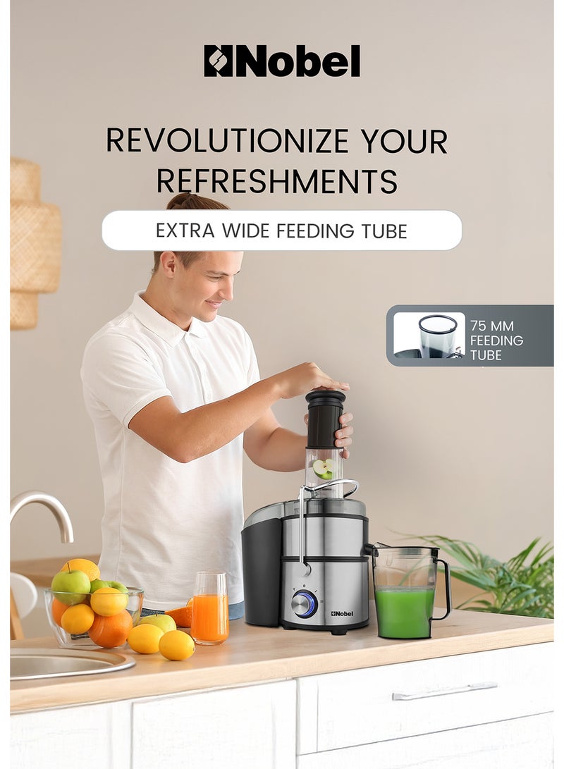 Nobel - Powerful 800W Stainless Steel Juicer with 2L Pulp Container, 1.1L Juice Cup, Wide 75mm Feeding Tube, Safety Lock, Overheat Protection, Anti-Slip Feet, and Blue LED Light 2 L 800 W NJE404E White/Black/Clear - Image 1