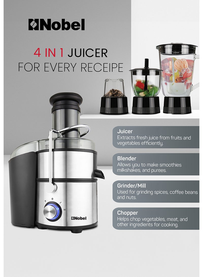 Nobel - Powerful 800W Stainless Steel Juicer with 2L Pulp Container, 1.1L Juice Cup, Wide 75mm Feeding Tube, Safety Lock, Overheat Protection, Anti-Slip Feet, and Blue LED Light 2 L 800 W NJE404E White/Black/Clear - Image 1