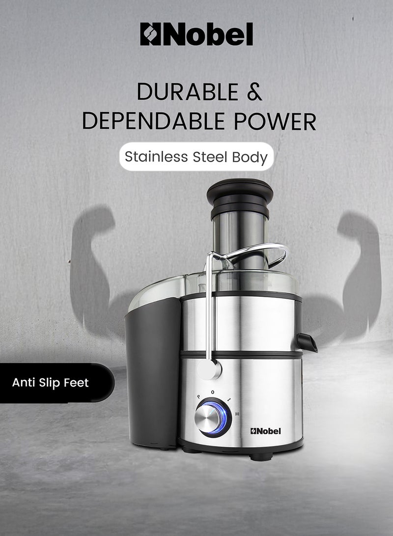 Nobel - Powerful 800W Stainless Steel Juicer with 2L Pulp Container, 1.1L Juice Cup, Wide 75mm Feeding Tube, Safety Lock, Overheat Protection, Anti-Slip Feet, and Blue LED Light 2 L 800 W NJE404E White/Black/Clear - Image 1