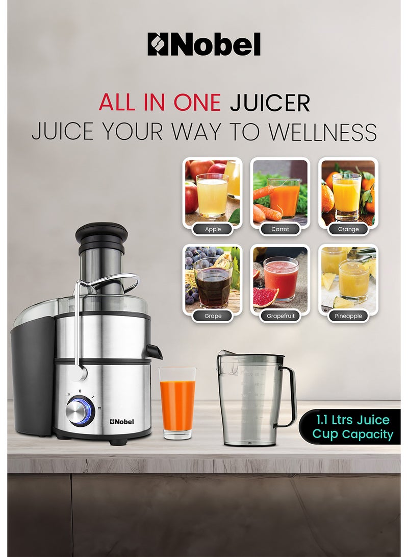 Nobel - Powerful 800W Stainless Steel Juicer with 2L Pulp Container, 1.1L Juice Cup, Wide 75mm Feeding Tube, Safety Lock, Overheat Protection, Anti-Slip Feet, and Blue LED Light 2 L 800 W NJE404E White/Black/Clear - Image 1