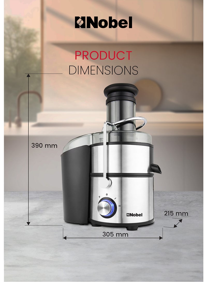 Nobel - Powerful 800W Stainless Steel Juicer with 2L Pulp Container, 1.1L Juice Cup, Wide 75mm Feeding Tube, Safety Lock, Overheat Protection, Anti-Slip Feet, and Blue LED Light 2 L 800 W NJE404E White/Black/Clear - Image 1
