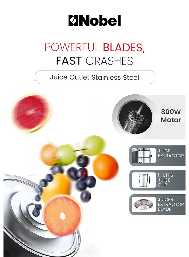 Nobel - Powerful 800W Stainless Steel Juicer with 2L Pulp Container, 1.1L Juice Cup, Wide 75mm Feeding Tube, Safety Lock, Overheat Protection, Anti-Slip Feet, and Blue LED Light 2 L 800 W NJE404E White/Black/Clear - Image 1