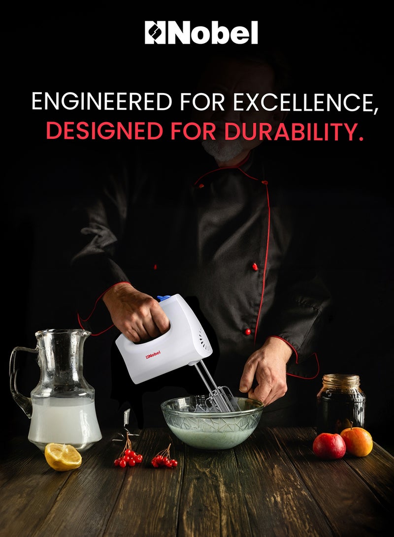Nobel - Hand Blender, 3-Speed Polished Plastic Body Hand Blender with Chromed Beaters & Dough Hooks, 250W Power, Universal Compatibility, Efficient Mixing Solution NHB25 White - Image 1