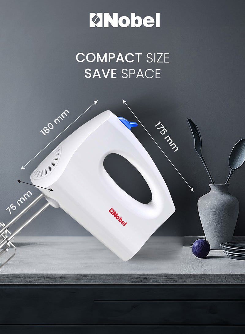 Nobel - Hand Blender, 3-Speed Polished Plastic Body Hand Blender with Chromed Beaters & Dough Hooks, 250W Power, Universal Compatibility, Efficient Mixing Solution NHB25 White - Image 1