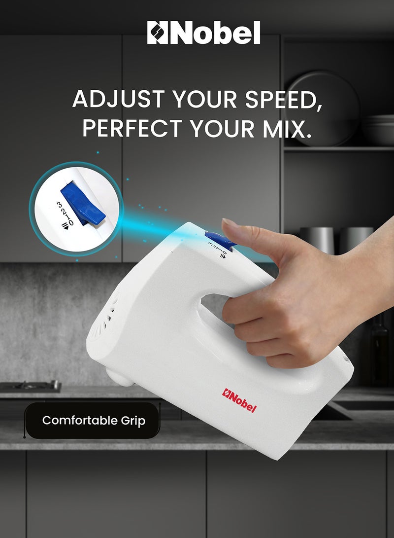 Nobel - Hand Blender, 3-Speed Polished Plastic Body Hand Blender with Chromed Beaters & Dough Hooks, 250W Power, Universal Compatibility, Efficient Mixing Solution NHB25 White - Image 1