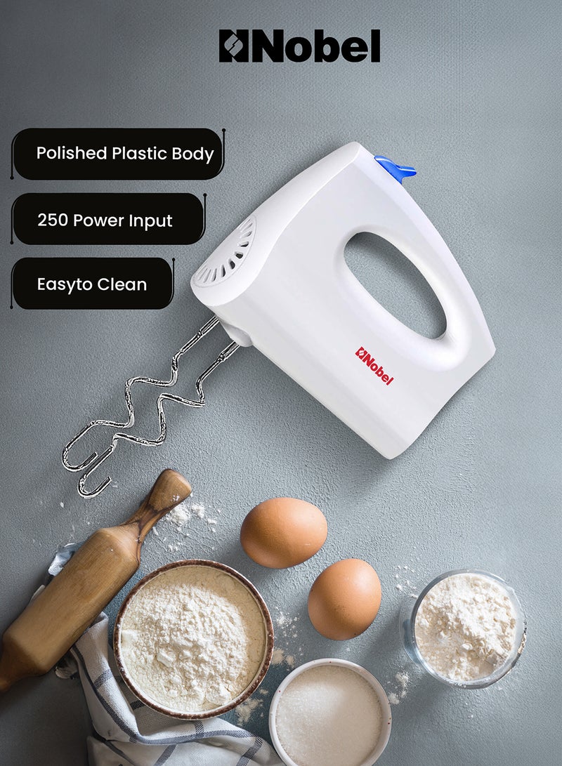 Nobel - Hand Blender, 3-Speed Polished Plastic Body Hand Blender with Chromed Beaters & Dough Hooks, 250W Power, Universal Compatibility, Efficient Mixing Solution NHB25 White - Image 1