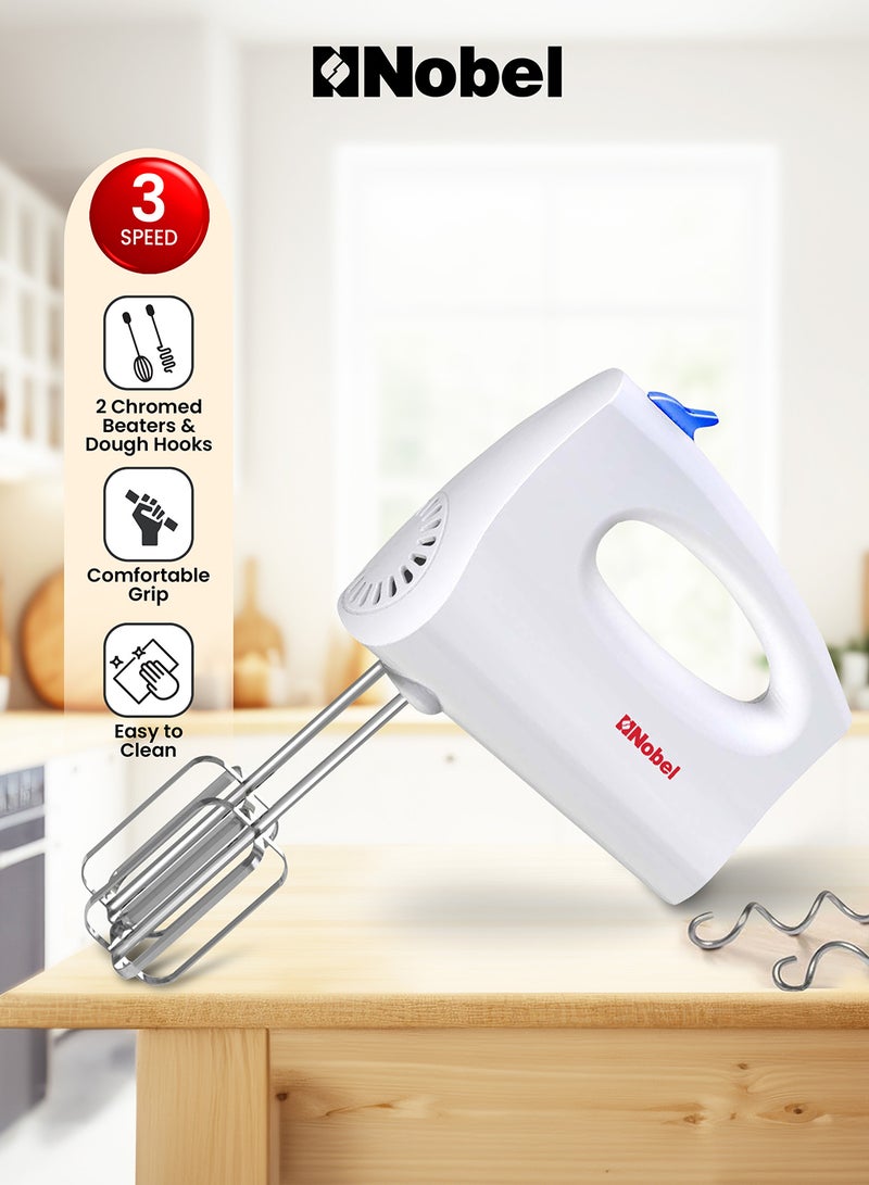 Nobel - Hand Blender, 3-Speed Polished Plastic Body Hand Blender with Chromed Beaters & Dough Hooks, 250W Power, Universal Compatibility, Efficient Mixing Solution NHB25 White - Image 1