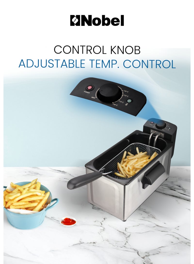 Nobel - DEEP FRYER Stainless Steel 3.0 Ltr Capacity with 700g Frying Capacity and has Detachable Enamel Oil Tank,Plastic Lid with Filter with Observe Window 3 L 1800 W NDF7G Black/Silver - Image 1