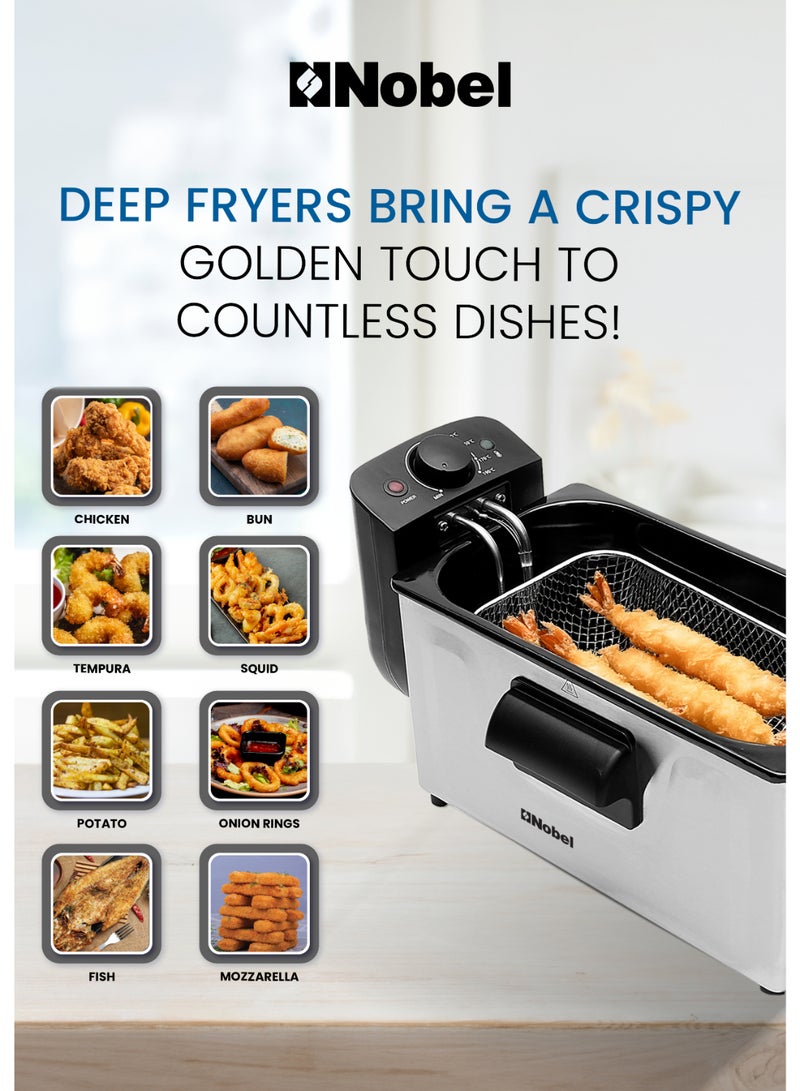 Nobel - DEEP FRYER Stainless Steel 3.0 Ltr Capacity with 700g Frying Capacity and has Detachable Enamel Oil Tank,Plastic Lid with Filter with Observe Window 3 L 1800 W NDF7G Black/Silver - Image 1