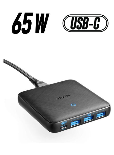شاحن جداري باور بورت أتوم III سليم ومحول شاحن سريع بتقنية PIQ 3.0 وGaN من 4 منافذ بمنفذ USB-C بتوصيل طاقة بقدرة 65 وات أسود