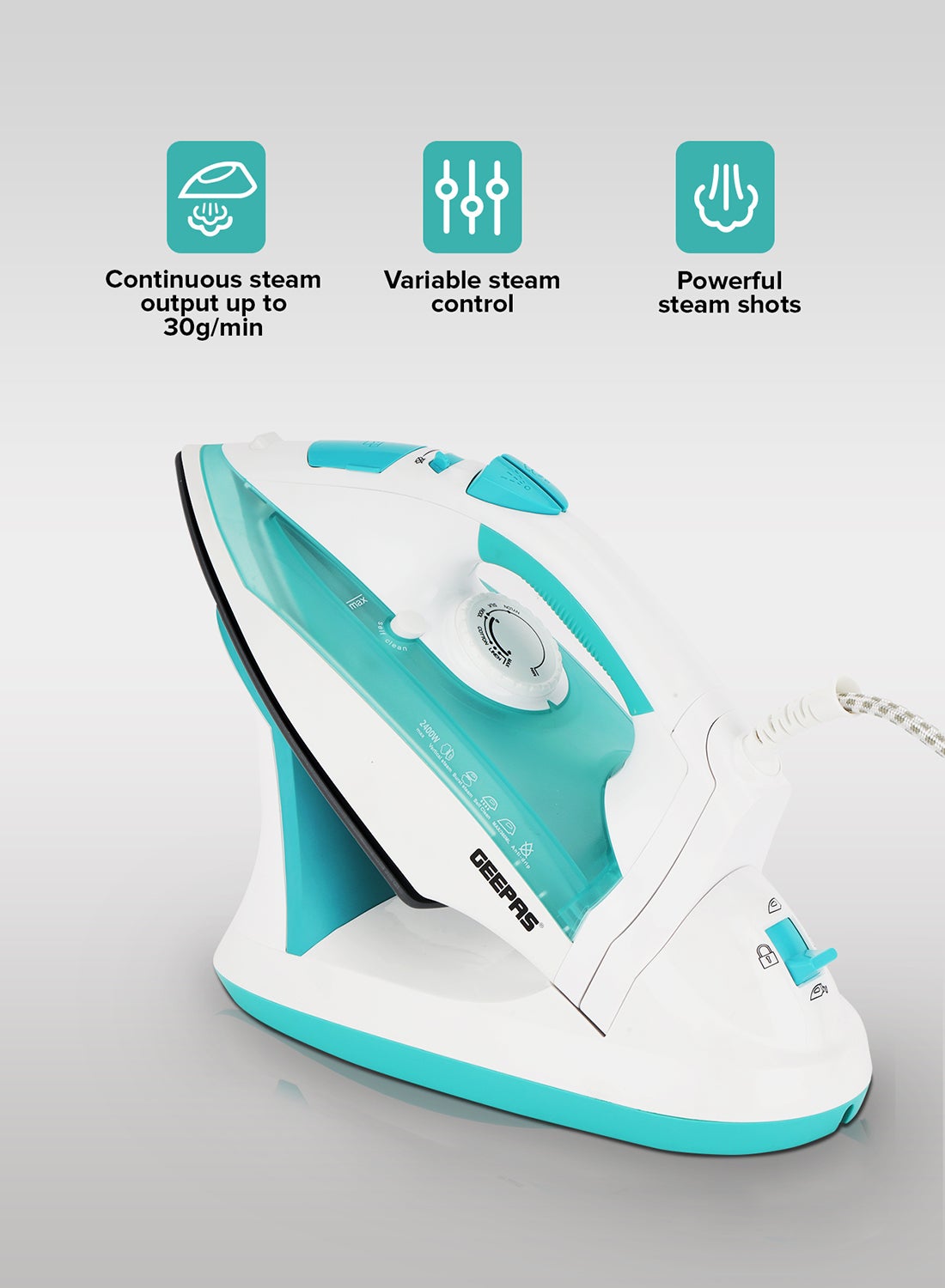 Wet and Dry Steam Iron Box with Ceramic Soleplate and Self Cleaning Function Handy Design with Anti drip Function Powerful Burst Steam 2400 W GSI24015 Green/White 