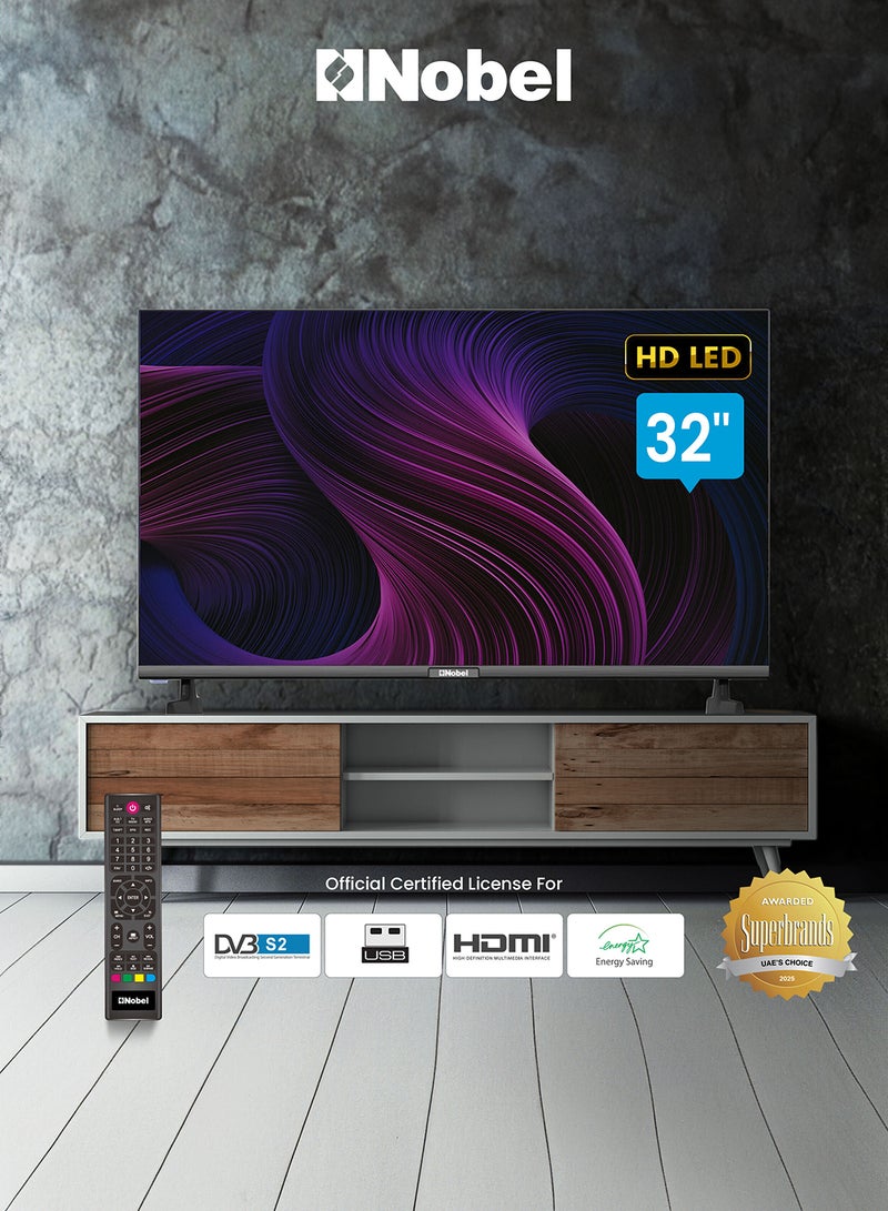 نوبل تلفزيون LED 32 بوصة، بدون إطار، HD DLED 3xHDMI، 1xUSB، 2xRF مدخل، 1xEarphone Output، 1xAV Input، 1xLAN مع جهاز تحكم عن بعد، 19.2 × 72 × 46.2 (عرض × عمق × ارتفاع) سم - Image 1