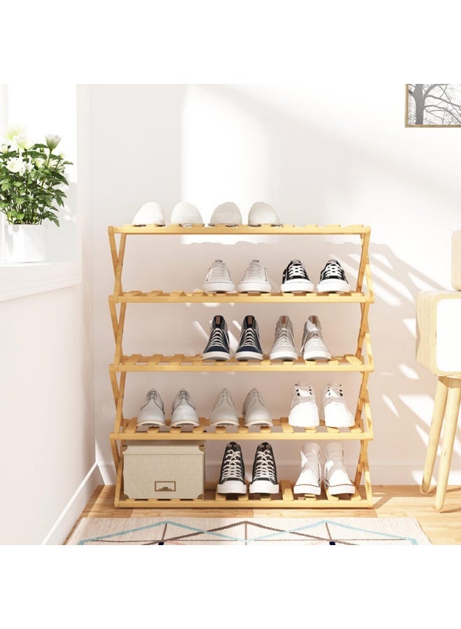 SKY-TOUCH SKY-TOUCH 5-Tier Folding Shoe Racks, Foldable Bamboo Shoe Shelf Brown 70x28x80cm  - Image 1
