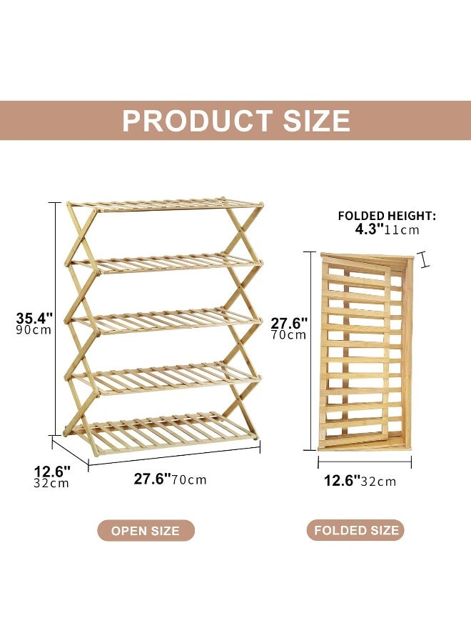 SKY-TOUCH SKY-TOUCH 5-Tier Folding Shoe Racks, Foldable Bamboo Shoe Shelf Brown 70x28x80cm  - Image 2