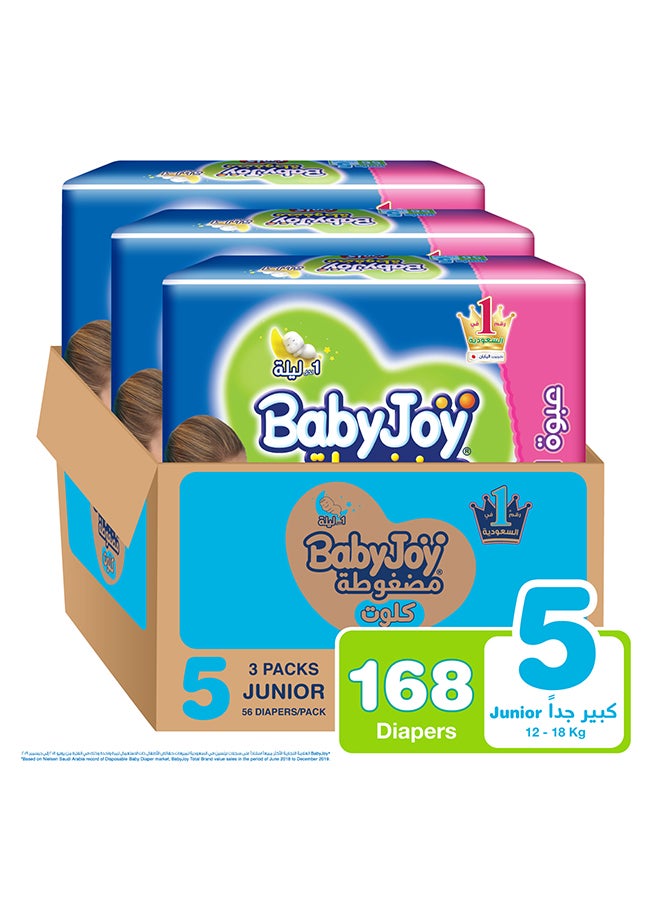 BabyJoy Compressed Culotte Pants Diaper, Size 5, Junior, 12-18 Kg, Giant Box, 168 Diapers