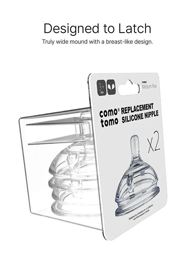 comotomo Pack Of 2 Natural Teat Silicone Nipples Medium Flow, 3m+