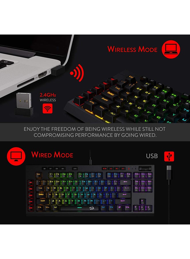 ريدراجون - Redragon K596 Vishnu 2.4G لوحة مفاتيح ميكانيكية للألعاب سلكية/لاسلكية RGB، 87 مفتاحًا لوحة مفاتيح TKL مدمجة مع بطارية 2400 مللي أمبير في الساعة، 10 مفاتيح ماكرو مدمجة ومسند للمعصم، وقت تشغيل 10 ساعات، مفاتيح حمراء - Image 1