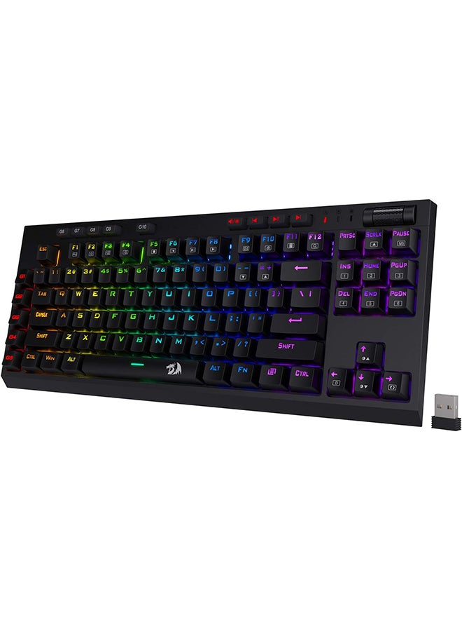 ريدراجون - Redragon K596 Vishnu 2.4G لوحة مفاتيح ميكانيكية للألعاب سلكية/لاسلكية RGB، 87 مفتاحًا لوحة مفاتيح TKL مدمجة مع بطارية 2400 مللي أمبير في الساعة، 10 مفاتيح ماكرو مدمجة ومسند للمعصم، وقت تشغيل 10 ساعات، مفاتيح حمراء - Image 1