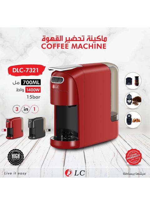 3-In-1 Capsule Coffee Machine 600 ml 1450 W DLC-CM7316 Black/Red/Clear