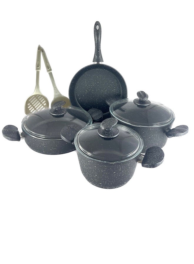 Homemaker 9-Piece Granitec Cookware Set Includes 1xScoop, 1xSpoon, 2xDeep Pot With Lid 20+24 cm, 1xLow Pot With Lid 26 cm, 1xFry Pan Black/Clear 26cm - Image 2