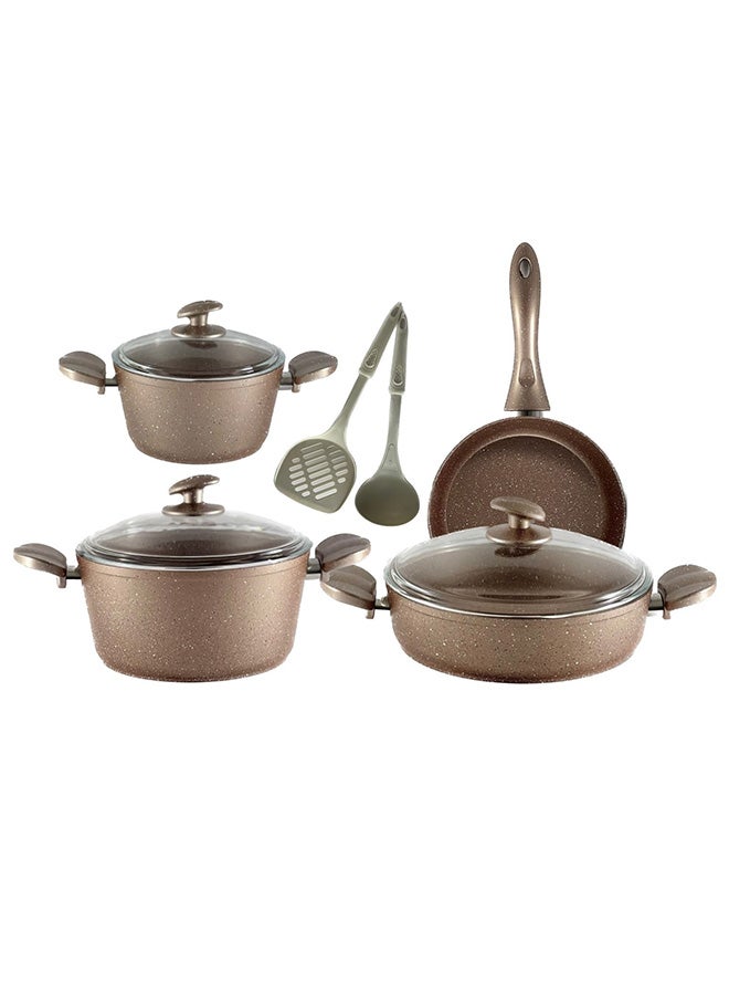 Homemaker 9-Piece Granitec Cookware Set Includes 1xScoop, 1xSpoon, 2xDeep Pot With Lid 20+24 cm, 1xLow Pot With Lid 26 cm, 1xFry Pan Rose Gold 26cm - Image 4