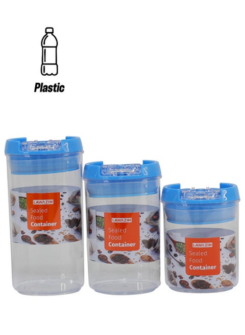 3-Piece Food Container Set Clear/Blue Small 7x10, Medium 7x12.5, Large 7x15cm