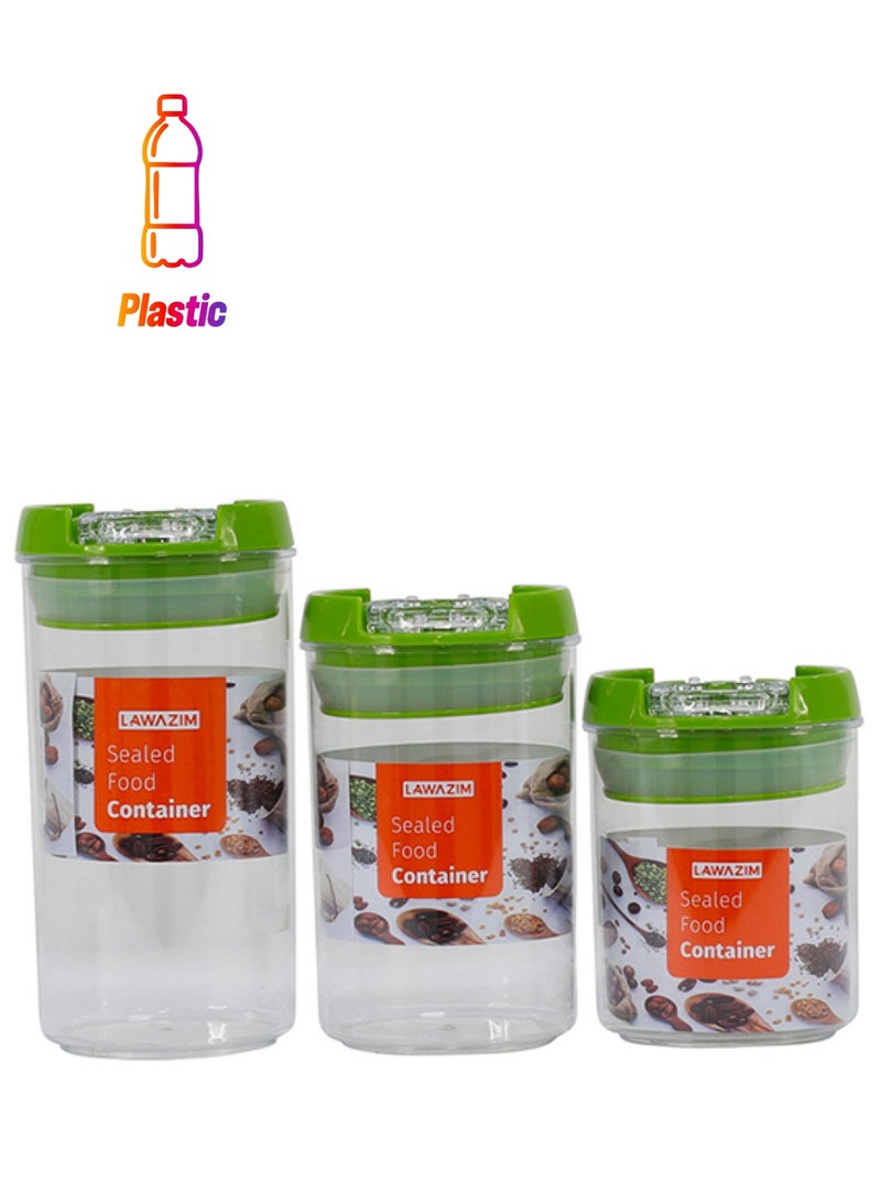 لوازم طقم أوعية دائرية محكمة الغلق لحفظ الطعام مكون من 3 قطع شفاف/أخضر 7x10 Cm, 7x12.5 Cm, 7x15سم - Image 1