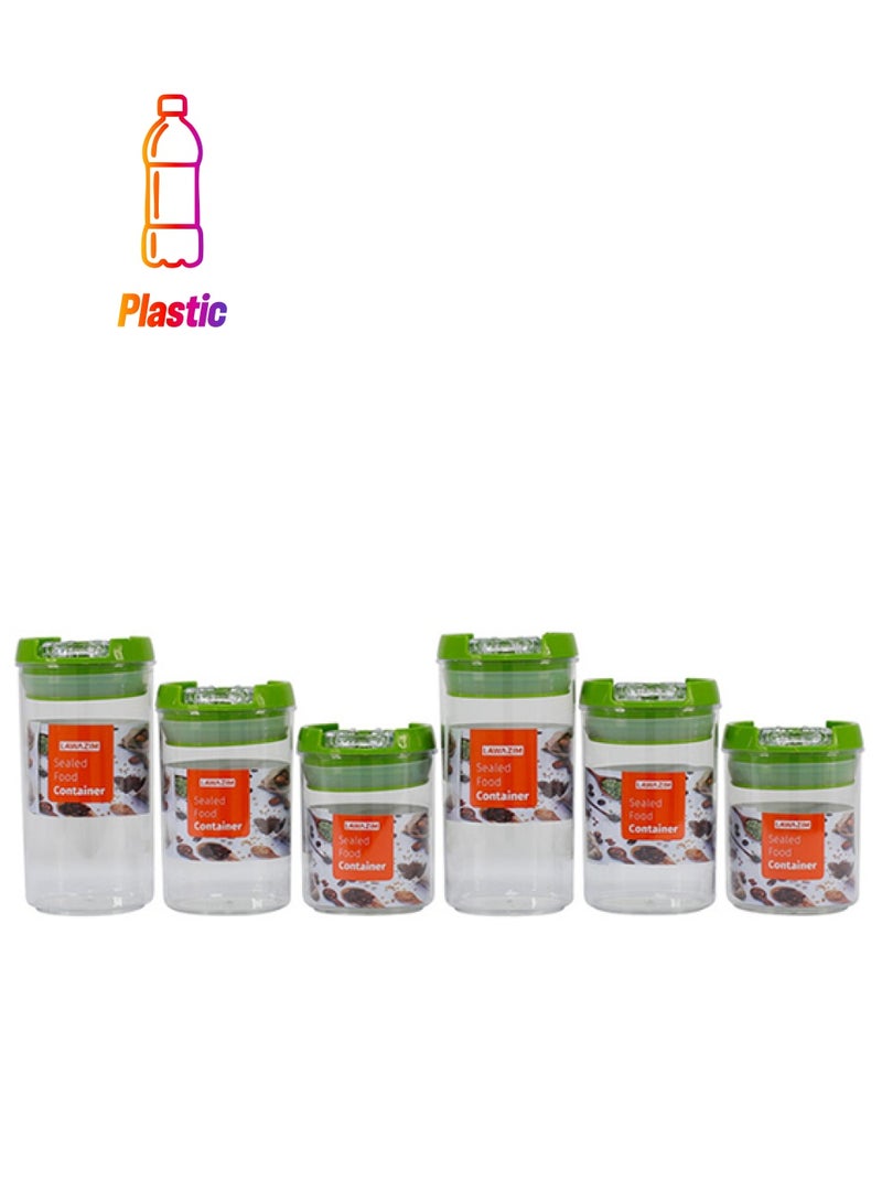 LAWAZIM 6-Piece Round Sealed Food Container Clear/Green Small Food Container 7x10 Cm, Medium Food Container 7x12.5 Cm, Large Food Container 7x15cm  - Image 1