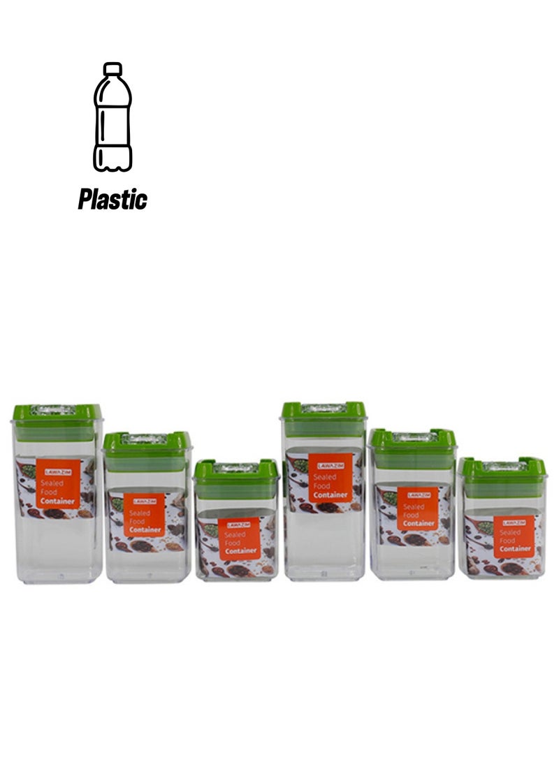 LAWAZIM 6-Piece Square Sealed Food Container Green/Clear 2 Small Container 7x10, 2 Medium Container 7x12.5, 2 Large Container 7x15cm  - Image 1