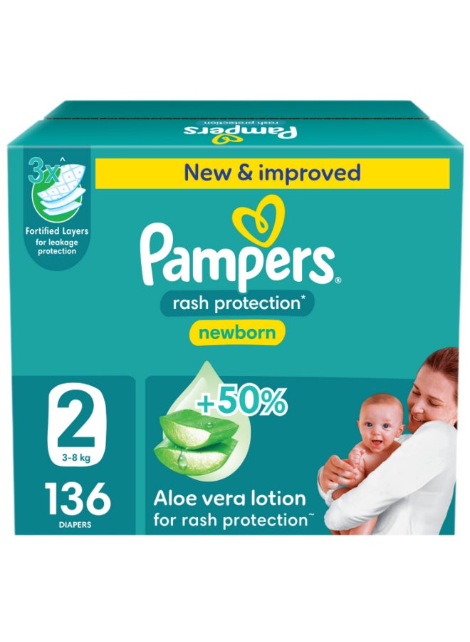 Pampers Rash Protection Taped Diapers, Size 2, 3-8kg, Jumbo Box, 136 Count  - Image 1