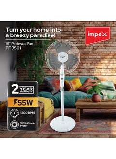 Impex 16 Inch Pedestal Fan 3-Blade with 55W Copper Motor, 3-Stage Speed Control, 1200 RPM, Adjustable Stand, Energy-Efficient 55 W PF 7501 White/Black  - Image 2