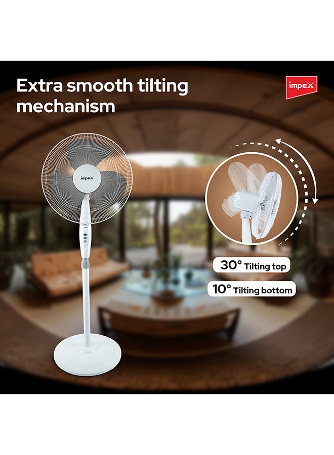 Impex - 16 Inch Pedestal Fan 3-Blade with 55W Copper Motor, 3-Stage Speed Control, 1200 RPM, Adjustable Stand, Energy-Efficient 55 W PF 7501 White/Black - Image 1