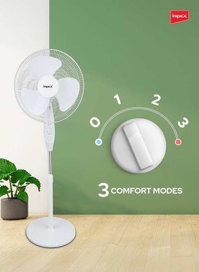 Impex 16 Inch Pedestal Fan Portable Stand Fan Super Strong 3-Blade with 55W Copper Motor, 3-Stage Speed Control, 1200 RPM, Adjustable Height, Energy-Efficient, Best for Home & Office 55 W PF 7501 White/Black  - Image 4