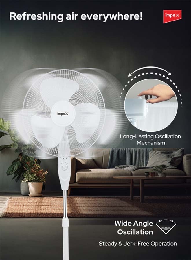 Impex 16 Inch Pedestal Fan Portable Stand Fan Super Strong 3-Blade with 55W Copper Motor, 3-Stage Speed Control, 1200 RPM, Adjustable Height, Energy-Efficient, Best for Home & Office 55 W PF 7501 White/Black  - Image 5