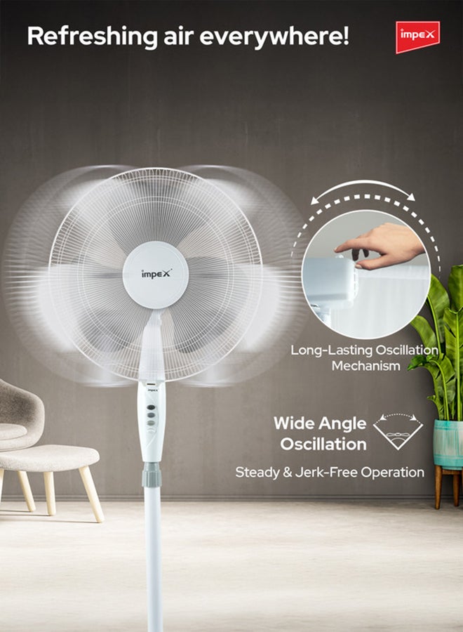 16 Inch Pedestal Fan Portable Stand Fan Super Strong 3-Blade with 55W Copper Motor, 3-Stage Speed Control, 1200 RPM, Adjustable Height, Energy-Efficient, Best for Home & Office 55 W PF 7501 White/Black