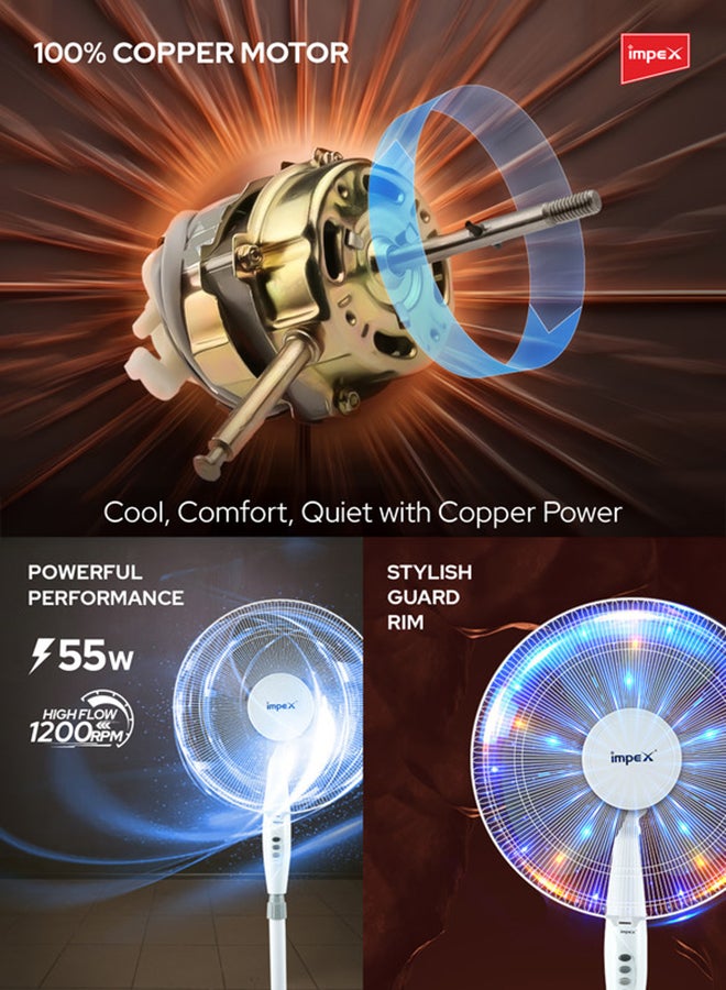 16 Inch Pedestal Fan Portable Stand Fan Super Strong 3-Blade with 55W Copper Motor, 3-Stage Speed Control, 1200 RPM, Adjustable Height, Energy-Efficient, Best for Home & Office 55 W PF 7501 White/Black