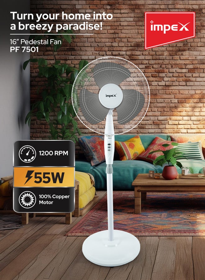 16 Inch Pedestal Fan Portable Stand Fan Super Strong 3-Blade with 55W Copper Motor, 3-Stage Speed Control, 1200 RPM, Adjustable Height, Energy-Efficient, Best for Home & Office 55 W PF 7501 White/Black