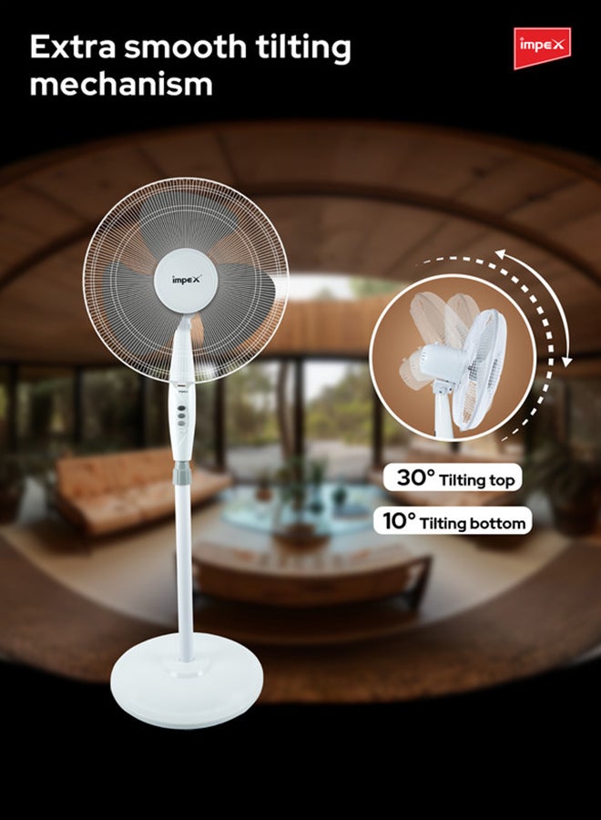 16 Inch Pedestal Fan Portable Stand Fan Super Strong 3-Blade with 55W Copper Motor, 3-Stage Speed Control, 1200 RPM, Adjustable Height, Energy-Efficient, Best for Home & Office 55 W PF 7501 White/Black