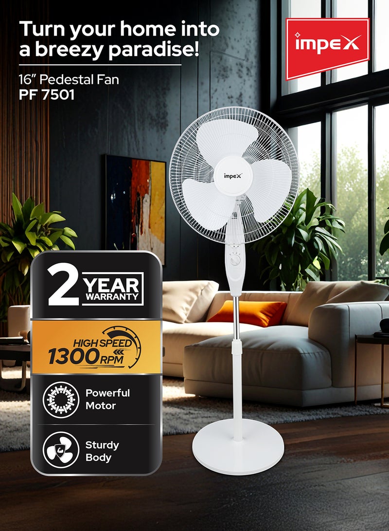 Impex 16 Inch Pedestal Fan Portable Stand Fan Super Strong 3-Blade with 55W Copper Motor, 3-Stage Speed Control, 1200 RPM, Adjustable Height, Energy-Efficient, Best for Home & Office 55 W PF 7501 White 55 W PF 7501 White - Image 3