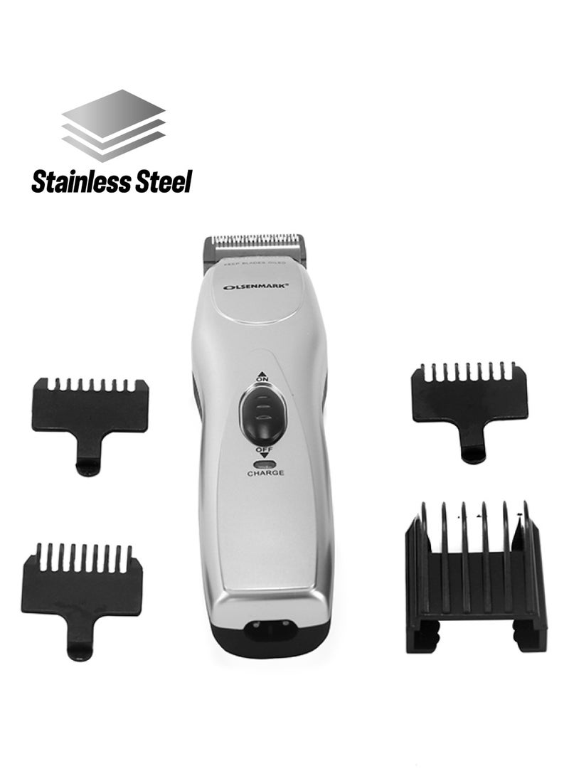 Olsenmark - Rechargeable Hair Trimmer  with Chromium Steel Blade - LED indicator light, Cordless - 5 Position Attachment with 3 Jawline Comb, Charging stand And Lubricant Oil Silver/Black - Image 1