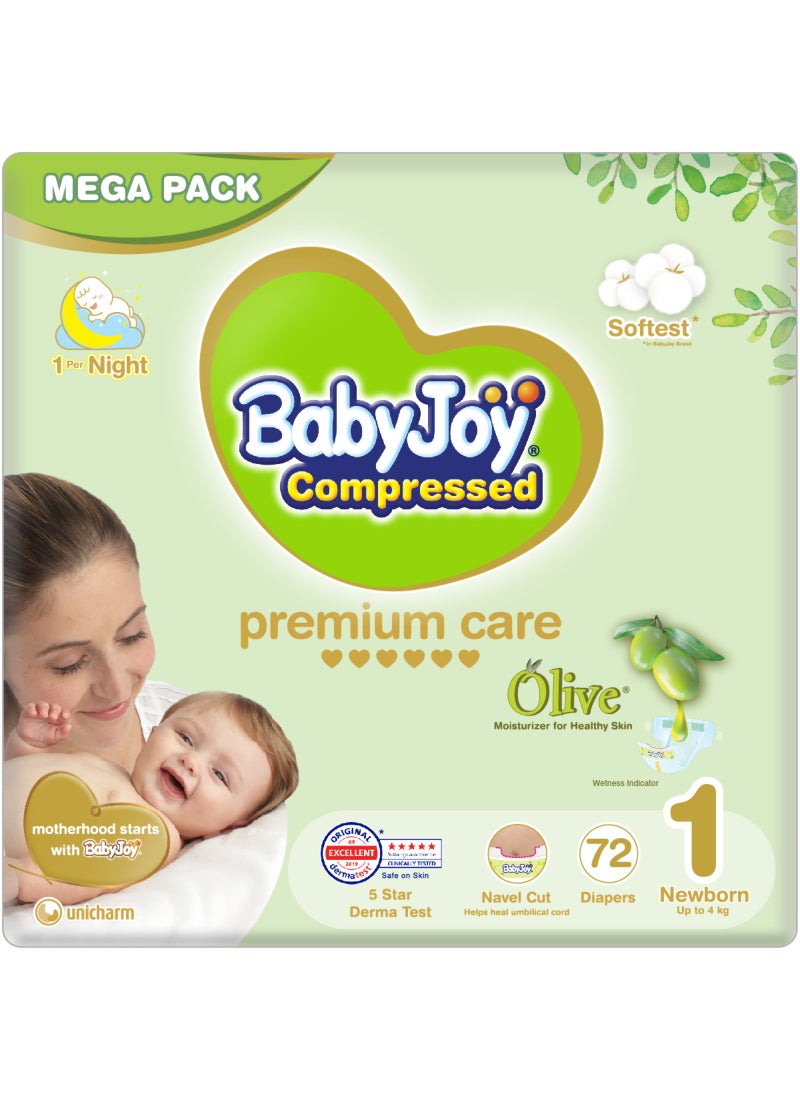 BabyJoy Olive Tape Diaper, Size 1, Newborn, 0-4 Kg, Mega Pack, 72 Diapers - Image 1