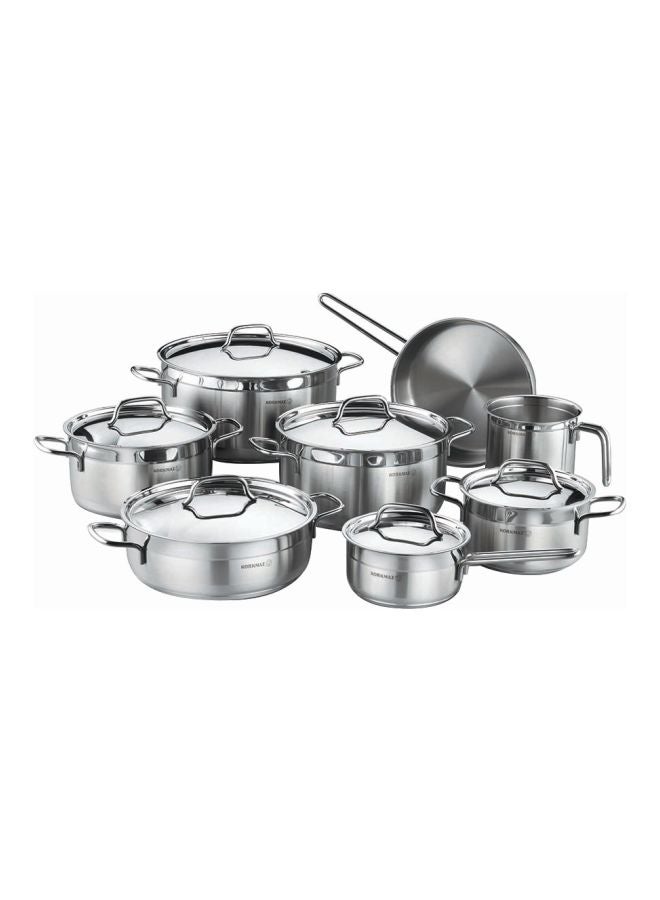 Korkmaz - 14-Piece Casting From High Quality Stainless Steel Fixed Non-Slip Handles Cookware Set Includes (12x22 cm) Casserole 4.0 liter, (13x26 cm) Casserole 6.8 liters, (15x30 cm) Casserole 11.0 liters, (8x26 cm) 4.2-liter Short Casserole, (24x6 cm) Frying Pan 2.7 liters , Milk Pan 2.0 liter (14x14 cm), Casserole With Handle 1.6 liter (16x8 cm), 6 Lids Silver - Image 1