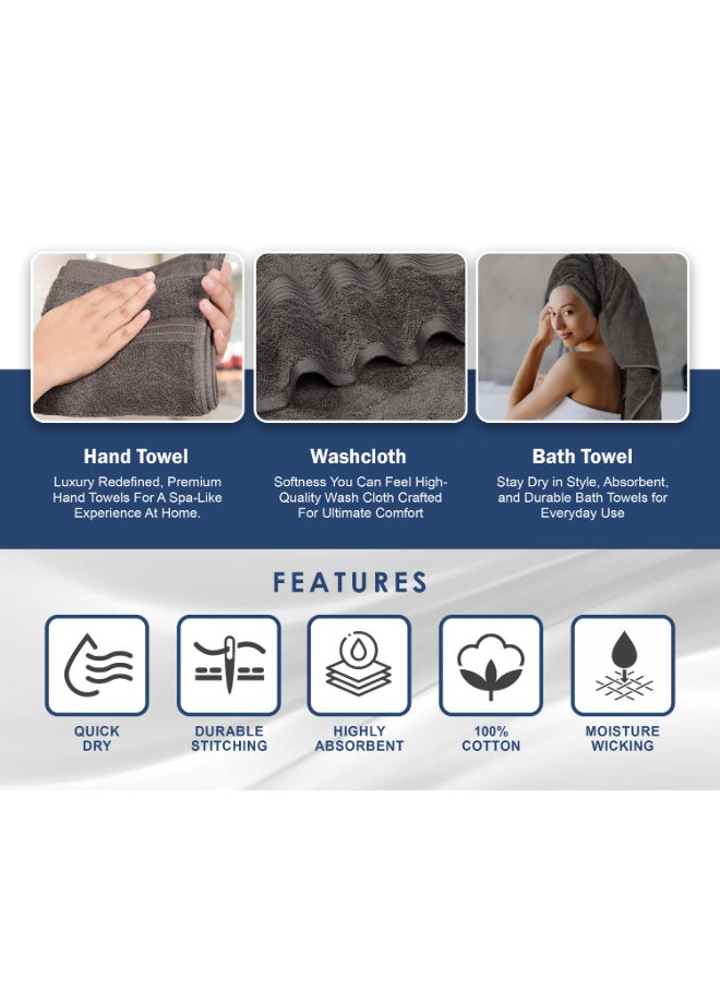 Bliss Casa 8-Piece Towel Set, 100% Combed Cotton 550 GSM Superior Quality, Quick Dry Highly Absorbent Thick Bathroom Soft Hotel Towels for Bath And Spa, Towel Set Includes 2 Bath Towels (70x140 cm), 2 Hand Towels (40x70 cm), 4 Washcloths (30x30 cm) Grey 70x140cm - Image 5