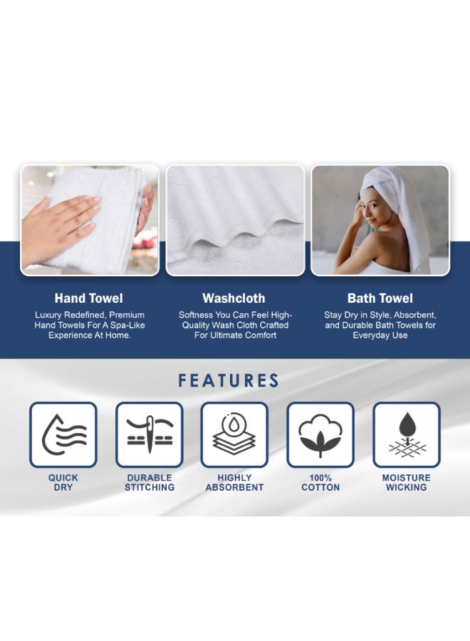 Bliss Casa 8-Piece Towel Set, 100% Combed Cotton 550 GSM Superior Quality, Quick Dry Highly Absorbent Thick Bathroom Soft Hotel Towels for Bath And Spa, Towel Set Includes 2 Bath Towels, 2 Hand Towels, 4 Washcloths White - Image 5