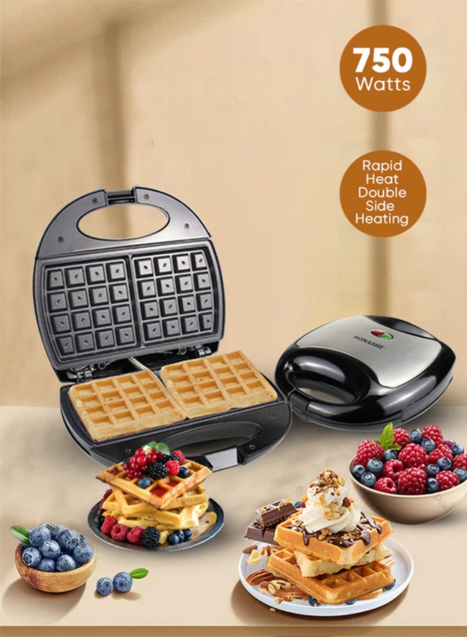 SONASHI 2-Slice Waffle Maker with Non-Stick Waffle Plate for Easy Use and Cleaning | Featured with Cool Touch Body, Handle Lock and Indicator Lights 750 W SWM-873 Black/Silver  - Image 1