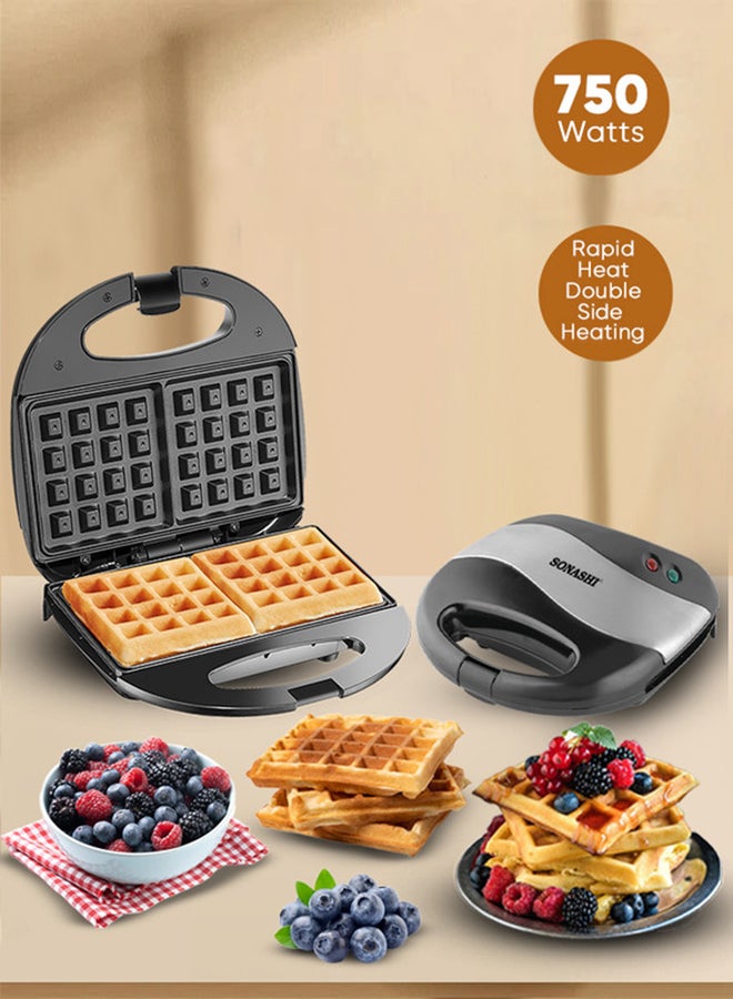 SONASHI 2-Slice Waffle Maker with Non-Stick Waffle Plate for Easy Use and Cleaning | Featured with Cool Touch Body, Handle Lock and Indicator Lights 750 W SWM-873 Black/Silver - Image 1